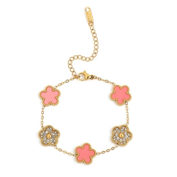 Gold-Toned Stainless Steel Pink & Stones Flower Motif Bracelet - Picture 1 of 3